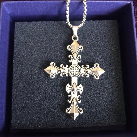 Jewelry - Silver Fleur-de-Lis Cross Pendant Necklace - Women's Jewelry